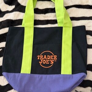 Trader Joe's Black Canvas Tote with Lime Green Straps and Purple Base